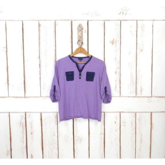Vintage 90s Talbots lavender and blue striped pullover pocket vneck top - Picture 6 of 6